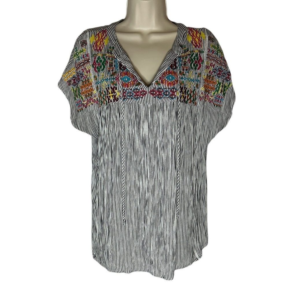 Jodifl white and black striped shirt with colorful stitch design on top size M
